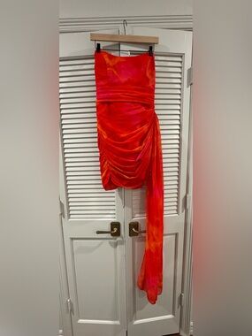 Strapless Ruched Mini Dress in Vibrant Red-Orange